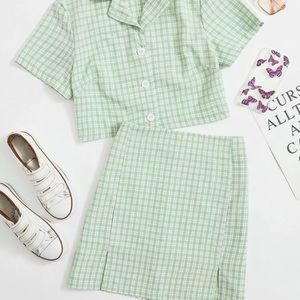 Button Front Plaid Blouse & Slit Skirt Set